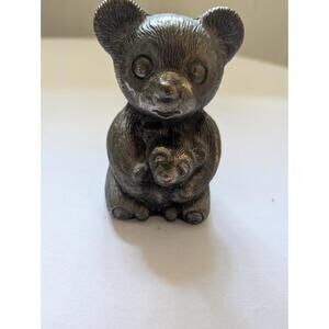 Vintage Silver Tone Metal Bear And Cub Coin Bank